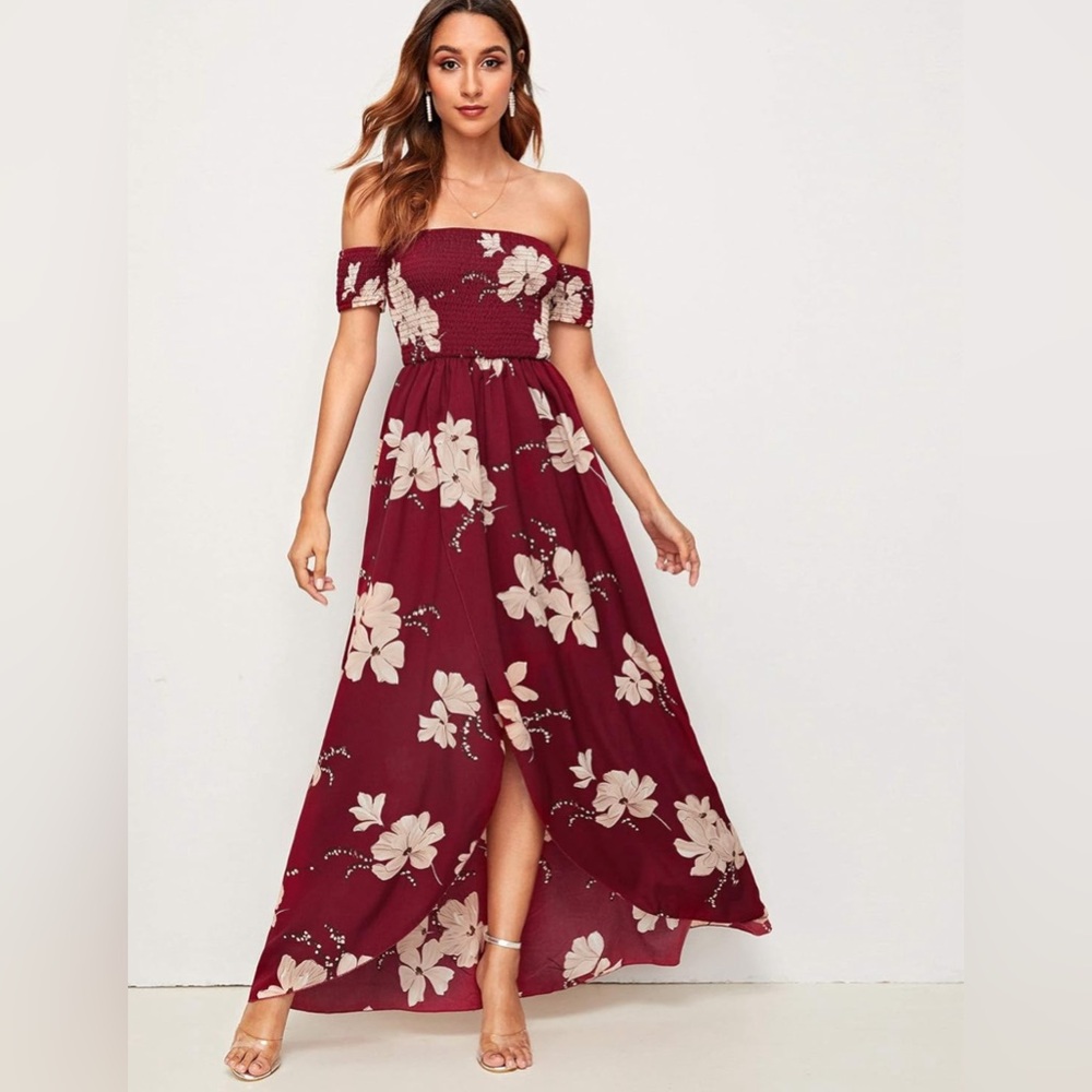 Boho Floral Print Off Shoulder Split Long A-Line Dress - Floerns